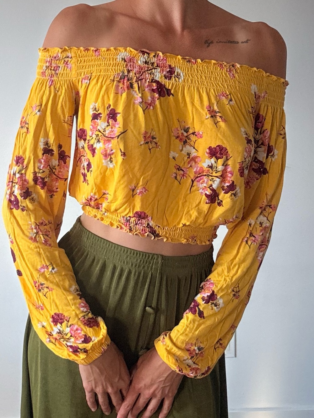 H&M Yellow Floral Off-Shoulder Smocked Crop Top